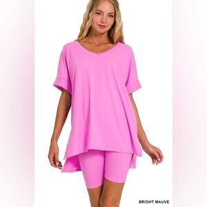 Zenana BRUSHED DTY MICROFIBER V-NECK TOP & BIKER SHORT SET